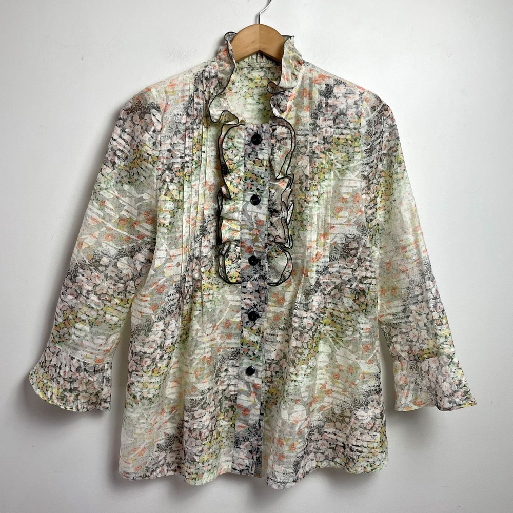 Sheer Floral Ruffle Blouse Button Up Sz Large Cottage Romantic Feminine
